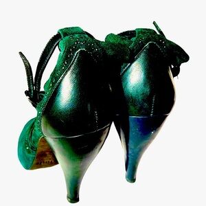 Dark green suede & Leather with rhinestone details, peep toe, ankle straps